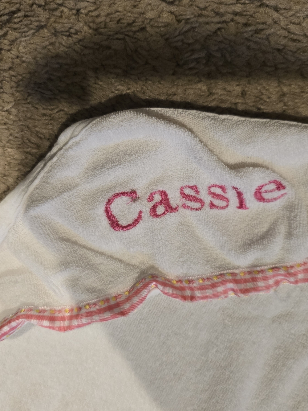 Personalized 'Cassie' White Baby Hooded Towel with Pink Trim
